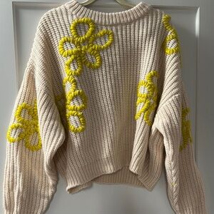 Chunky Knit Sweater with Yellow Floral Accents